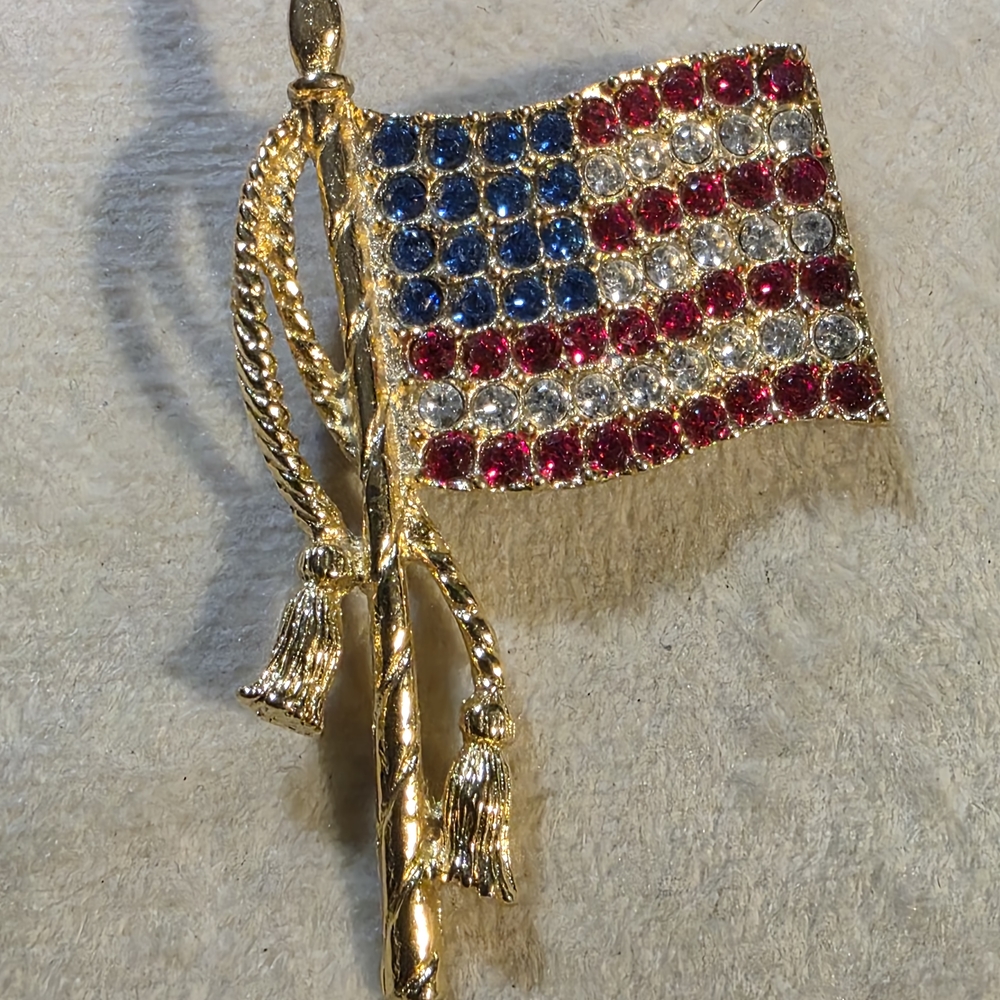Gold American Flag Brooch with Red, Blue, and White Accents